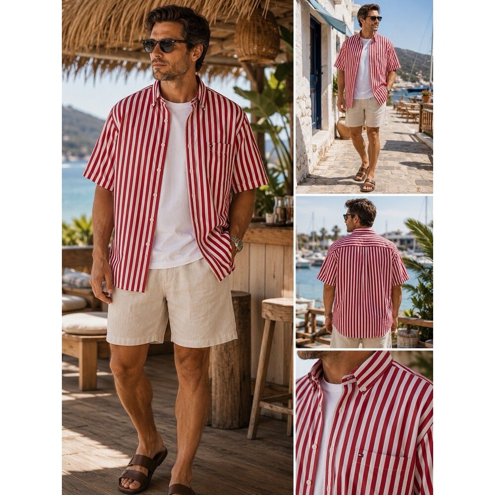 Tommy Hilfiger XL Coastal Vacation Beach Shirt Red White Stripe Cotton Button Up